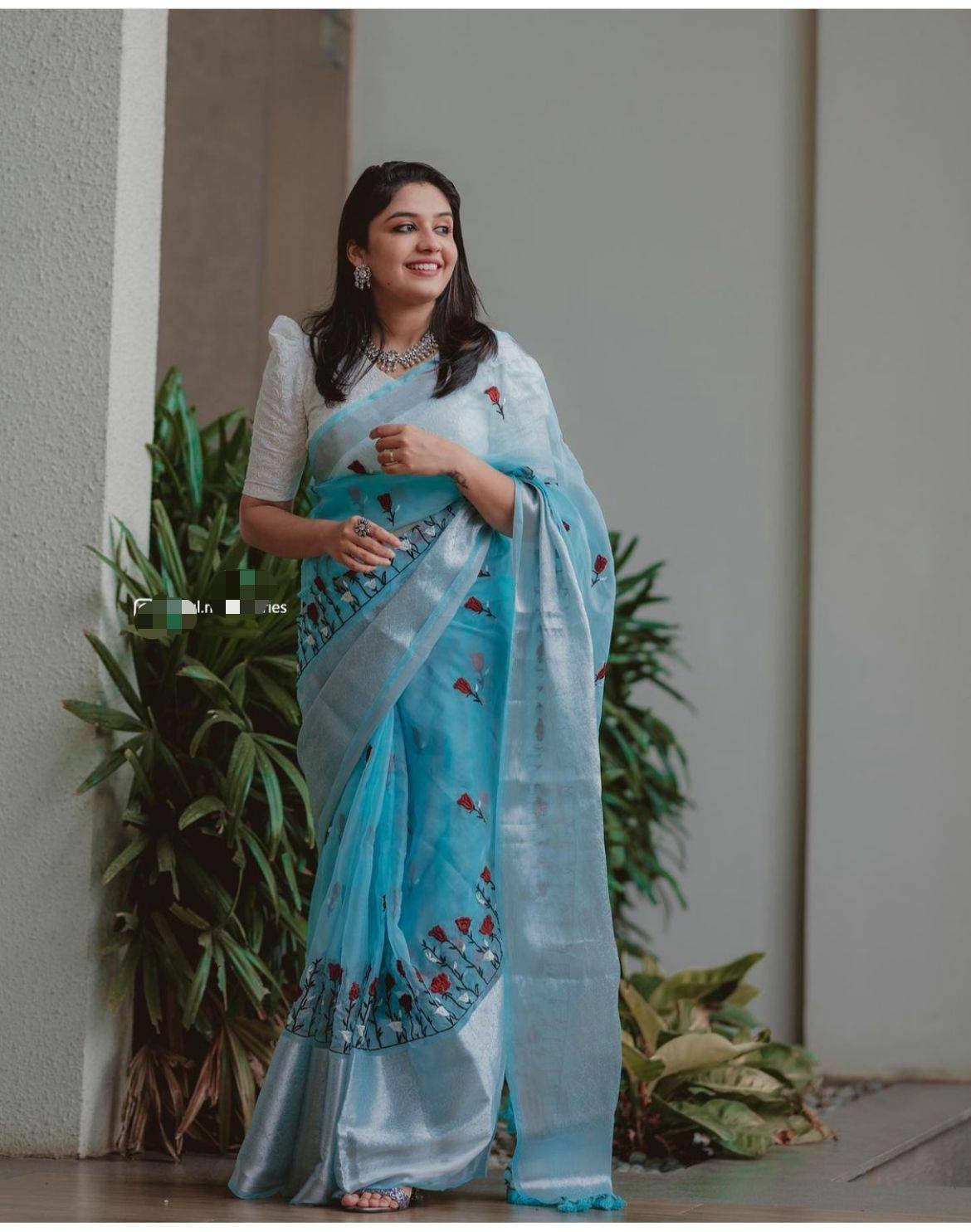 Sky Blue & White Organza Weaving Border Silk Saree With Blouse - Etsy