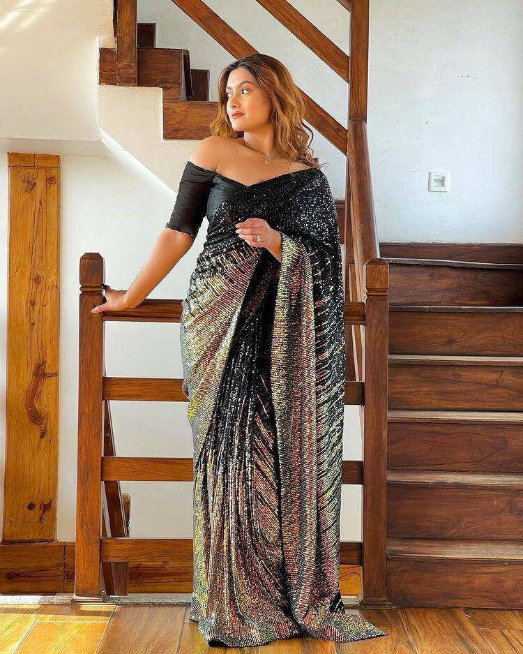 traditional saree indian saree Fox Georgette with Printed and Pearl Lace Border saree and blouse for women,saree dress brown saree