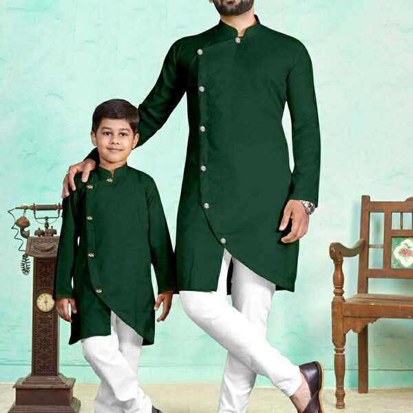 Diseñador Padre Hijo Kurta Pajama Combo Hombres Festivo Padrinos Kurta Set A juego Tradicional Masculino Extra Tamaño Niños Oversize Gents Party Wear