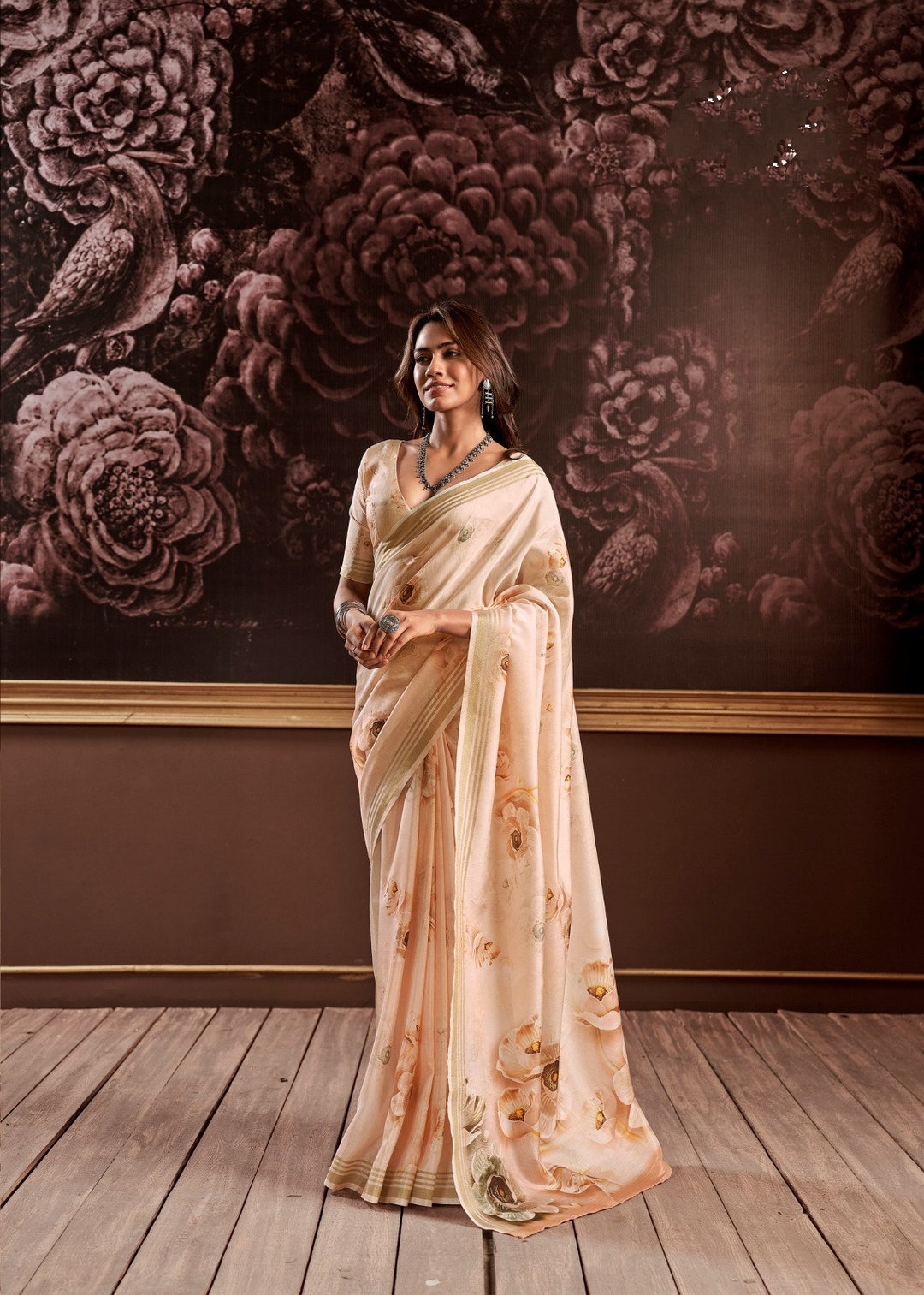 Midnight Meadow Hand Painted Floral Stripe Pure Silk Saree