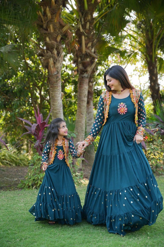 Fancy Teal Blue Color Mother Daughter Gown With Jacket