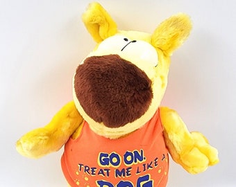 Mother Goose & Grimm Grimmy Vintage Yellow Plush Stuffed 17" Figure with T-Shirt "Go On Treat Me Like A Dog" Bull Terrier 1993 Chosun F-012