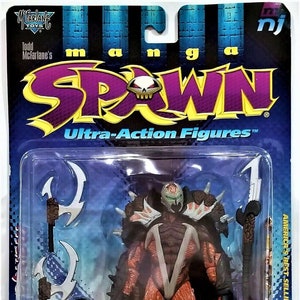 May include: A Spawn action figure with a wind-up hand that gives spinning weapon action. The figure is wearing a red and black costume with a white V-shaped chest piece. The figure is holding a sword and has a shield on its back. The figure is packaged in a blue and white box with the words "Spawn Ultra-Action Figures" on the front.