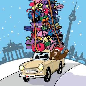 3 x Berlin Weihnachtskarte christmas xmas card greetings Weihnachtsgruß Berliner Bär Bear Fernsehturm Brandenburger Tor TV Tower xmas Santa