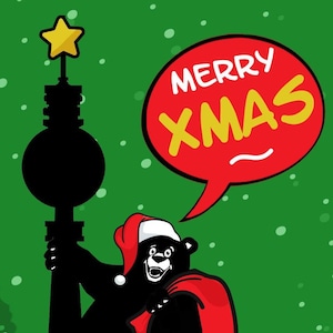 3 x Berlin Weihnachtskarte XMAS Card Postcard TV Tower Berliner Bär Fernsehturm Bear Merry Christmas Santa Claus Snow Red Green Drawing