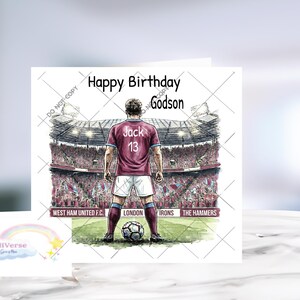 May include: A square greeting card featuring a watercolor illustration of a soccer player in a claret and blue jersey with the name Jack and number 13 on the back, standing on a pitch in a stadium. Text reads Happy Birthday Godson.