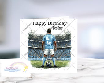 Spersonalizowana urodzinowa kartka z motywem klubu piłkarskiego Manchester City FC, dla kibica piłki nożnej, syna, taty i brata (imię niestandardowe)