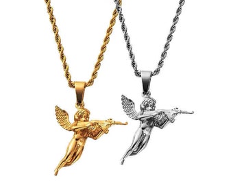3D Angel With Gun Pendant, Hip Hops Womens & Mens Jewelry Cupids Revenge Angel Pendant,Gold Plating Pendant, 925 Sterling Silver Pendant,