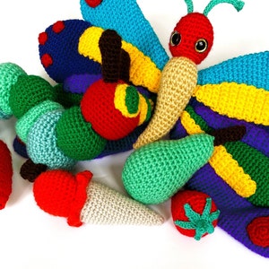 crochet hungry caterpillar pattern interactive toy to the book- crochet caterpillar pattern- crochet food pdf- amigurumi crochet sensory toy