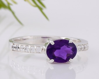 Anello di fidanzamento ovale con ametista, realizzato a mano: argento sterling e zirconi cubici