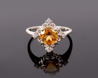 Natural Citrine Ring, 7 MM Round Cut November Birthstone Sterling Silver Engagement Ring, Yellow Gemstone Ring, Mother Day Gift Ring,