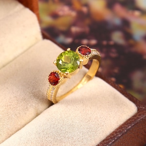 Peridot & Garnet Ring, Sterling Silver Ring,with Garnet and Peridot Silver Ring, Yellow Gold Plated Ring, Wedding Ring, Mother Day Gift Ring