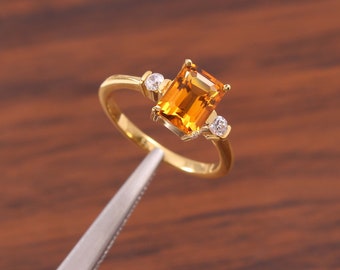 Citrine Ring, Beautiful Citrine Ring, Baguette Cut Citrine Ring, November Birthstone Ring, Engagement Ring, 925 Silver Gold Plated Ring,