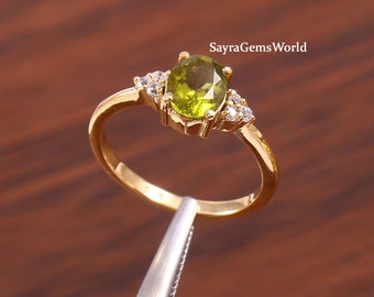 Natural Tourmaline Ring, Green Tourmaline Engagement Ring, Yellow Gold Plated Sterling Silver, Oval Cut Teal Ring, Ring For Women