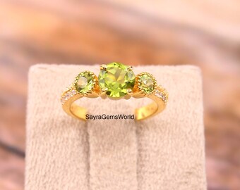 Natural Peridot Ring: Gold Rhodium Sterling Silver, August Birthstone Band
