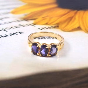 Iolite Ring, Natural Iolite Ring, Three Gemstone Ring, Iolite Yellow Gold Ring, Wedding Ring, Engagement Ring, Promise Ring, Channel Ring,