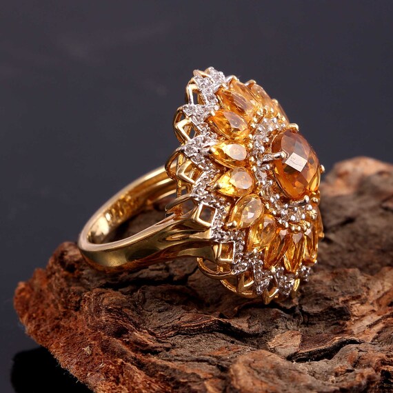 Natural Citrine Ring Antique Ring Citrine Flower Ring Yellow Gold Plated Ring 925 Sterling Silver Ring Engagement Rings for Women