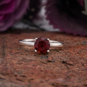 Natural Garnet Ring- Sterling Silver Ring- Red Gemstone Engagement Promise Ring- January Birthstone- Anniversary Birthday Gift For Her