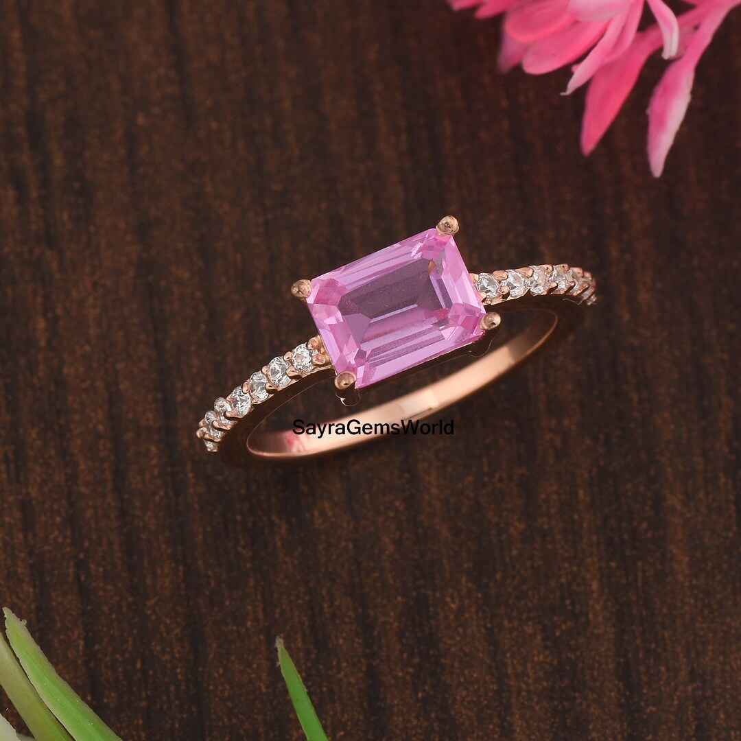 Handmade Emerald Cut Pink Alexandrite Ring: Rose Gold Sterling Silver ...