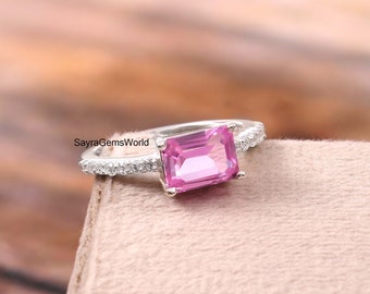Smaragdslipad rosa safirring: Labbtillverkad jubileumsring i sterlingsilver