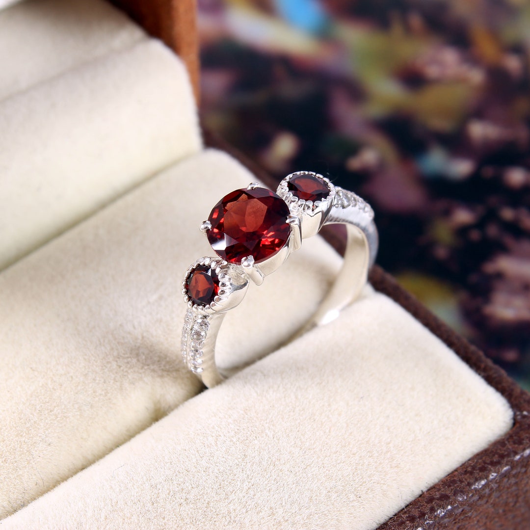 Natural Garnet Sterling Silver Ring: Round Cut Gemstone, January Birthstone 