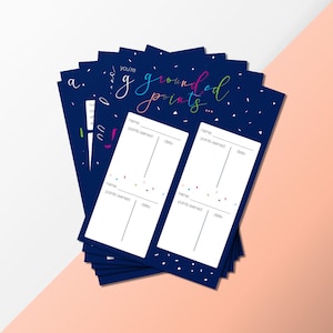 May include: A stack of blue cards with confetti printed on them. The cards have a title that reads "You're grounded points..." and have spaces to write a name, points earned, and date.
