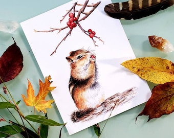 Chipmunk with Red Berries, 6x8in wall art, Nature painting, Chipmunk painting, 6x8 watercolor painting, cute animal art, Nature art