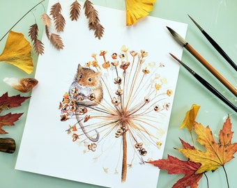 Harvest Mouse with Allium Print, 8x10 Mouse Print, 8x10 Watercolor Print, Nature Art, Mouse Painting, Cute Animal Painting