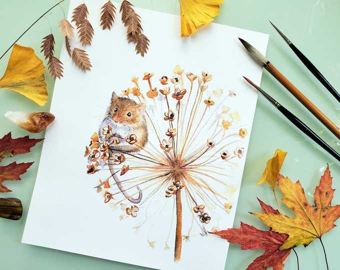 Featured listing image: Harvest Mouse with Allium Print, 8x10 Mouse Print, 8x10 Watercolor Print, Nature Art, Mouse Painting, Cute Animal Painting