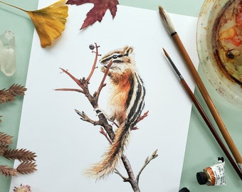 Chipmunk Snacking on a Branch, 8x10 Print, 8x10 Watercolor Print, Nature Art, Chipmunk Painting, Cute Animal Painting, Chipmunk Art