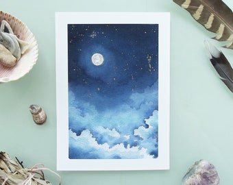 Dreamy Moon in Indigo, Full Moon Art, 4x6 Print, Original Watercolor Print, Watercolor Print, 4x6 Art, Celestial Art, Moon Painting