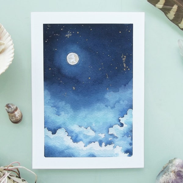 Dreamy Moon in Indigo, Full Moon Art, 4x6 Print, Original Watercolor Print, Watercolor Print, 4x6 Art, Celestial Art, Moon Painting