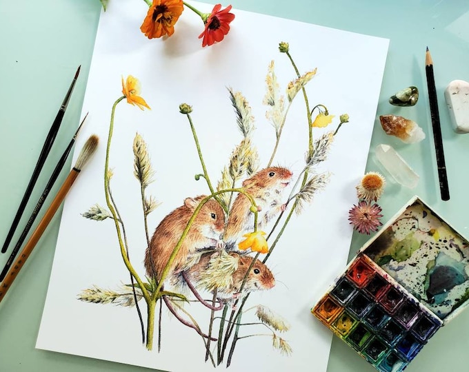 Featured listing image: Harvest Mice with Buttercups, 11x14 watercolor print, cute animal art, watercolor painting, 11x14 art