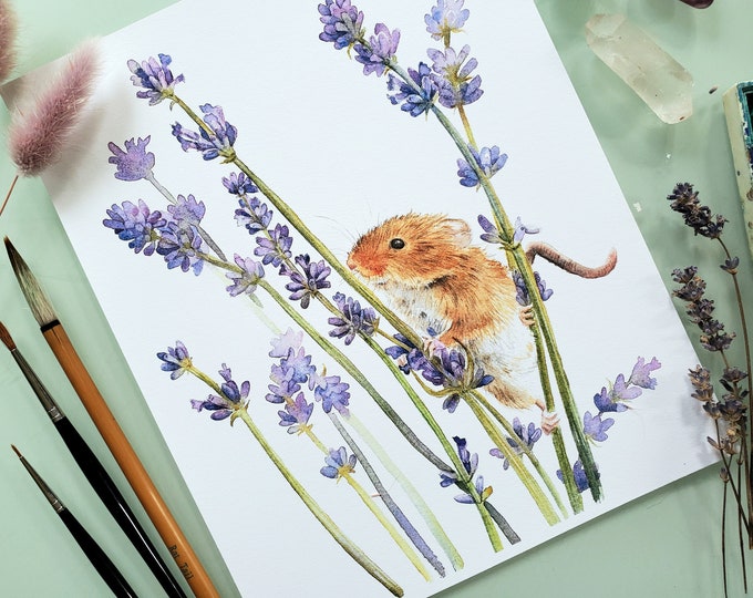Featured listing image: Harvest Mouse with Lavender, 8x10 Mouse Print, 8x10 Watercolor Print, Nature Art, Mouse Painting, Cute Animal Painting