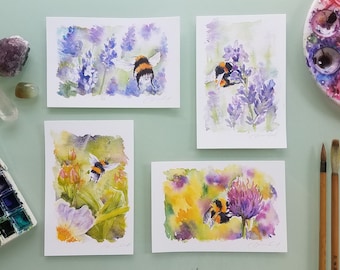 Bumblebee Paintings, Set of Four, Original Watercolor Print, 4x6in Art Print, Cute Bumblebee Painting, Cute Bee Painting, Mini Art