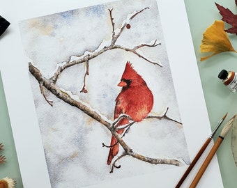 Cardinal on Snowy Branch, 11x14 watercolor print, Bird painting, Bird art, watercolor painting, 11x14 art, cardinal print