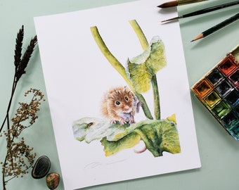Harvest Mouse in Wet Leavesr, 8x10 Mouse Print, 8x10 Watercolor Print, Nature Art, Mouse Painting, Cute Animal Painting, Mouse art