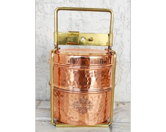 Traditional/indian/copper Hammered/brass Handle Tiffin Box/animal/pewter  Lining/3 Compartments/office/tiffin/lunch Box/christmas/new Year 