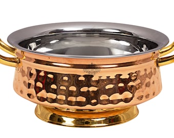 Indian Art Villa Steel Copper Hammered Mughlai Handi with Brass Handle and Bottom, Available in Multiple Sizes.