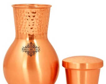 Indian Art Villa Copper Hammered & Smooth Matka Design Lacquer Coated Bedroom Bottle, Drinkware Water Storage Available in Set, 1200 ML