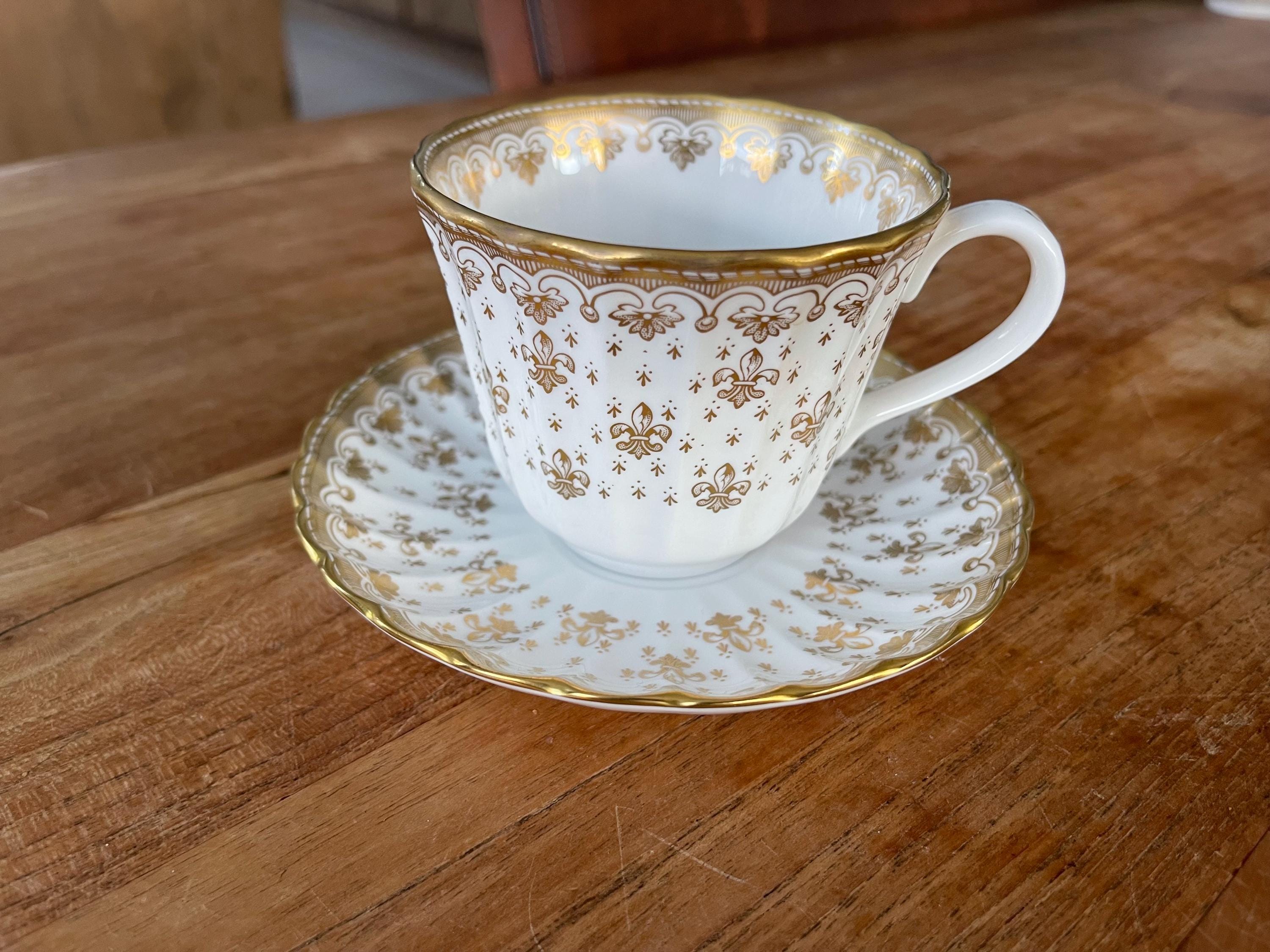 A Gorgeous Spode Fleur de Lys Gold Teacup/Coffee Cup with Saucer-Tall Teacup/Coffeecup and Saucer-Fluted-Gold Trim-Bone China