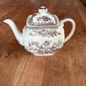 Könnte beinhalten: Eine weiße Keramik-Teekanne mit einem floralen Muster in Braun und Schwarz. Die Teekanne hat einen gebogenen Ausguss, einen Henkel und einen Deckel mit einem dekorativen Knopf. Das florale Design umfasst Vögel und Blumen.