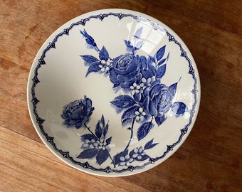 Un plato de pasta grande Vintage Victoria Broadhurst Ironstone-Tazón de pasta grande-22cm-Staffordshire-Hecho en Inglaterra- Rosa azul/blanca-¡Muy raro!