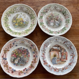 Op de afbeelding: Set van vier decoratieve borden met de personages van Beatrix Potters Peter Rabbit. Elk bord toont een ander seizoen: lente, zomer, herfst en winter. De borden zijn wit met een bloemige rand en een centraal beeld van Peter Rabbit en zijn vrienden.