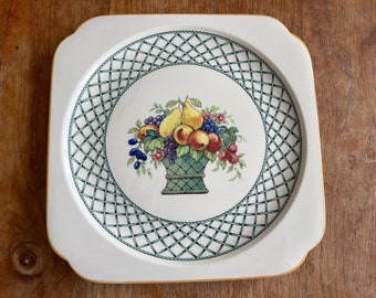 A Villeroy & Boch "Basket" Vierkant Cakeschaal-Square Serving Tray/Dish- Vitro Porcelain- Fruit Basket- 23,5cm- Green Lattice- Rare!