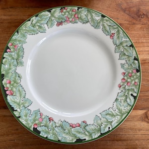 Peut inclure: Une assiette plate en céramique blanche avec un motif de vigne verte et rose autour du bord.