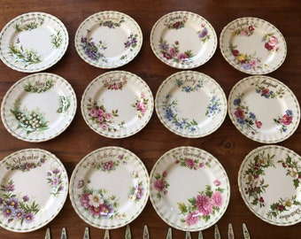 Set of 12 - Royal Albert Flowers of the Month Cake Plates - Cake plates - 16cm - Bone China