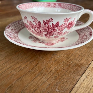 Una bella tazza da tè/tazza da caffè e piattino vintage Mason&#39;s Ironstone Stratford rosa - Tazza da tè/tazza da caffè e piattino - Rosa/Bianco