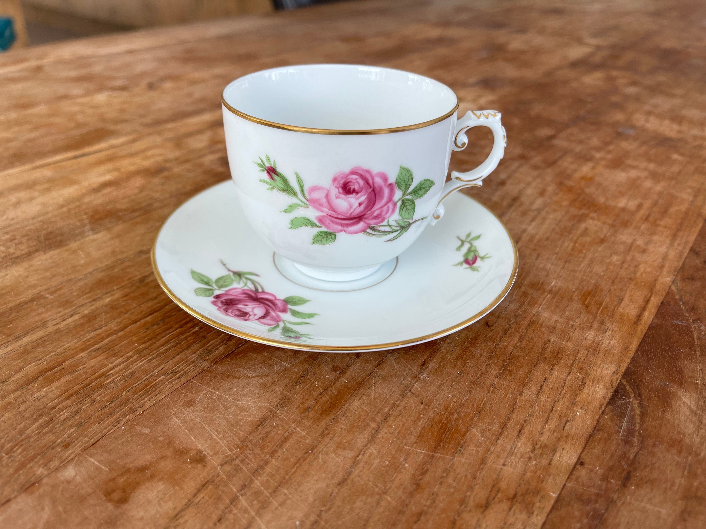 A Beautiful Vintage Furstenberg 'Pink Rose' Teacup/Coffeecup and Saucer-Tall Teacup/Coffeecup and Saucer- 1970s-German Tableware