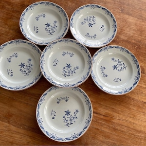 Op de afbeelding: Zes witte keramische borden met blauwe bloemmotieven en geschulpte randen. Elk bord heeft een centraal bloemmotief en een decoratieve blauwe rand. De borden zijn gerangschikt op een houten oppervlak.